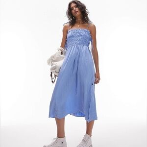 NWT Topshop ruched tie strap textured pinny dress in blue